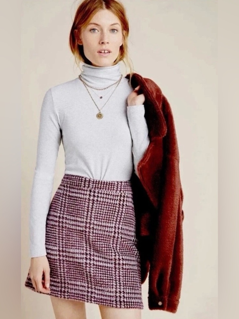 Maeve Anthropologie Gregoria Textured Houndstooth Mini Skirt Purple White SM EUC